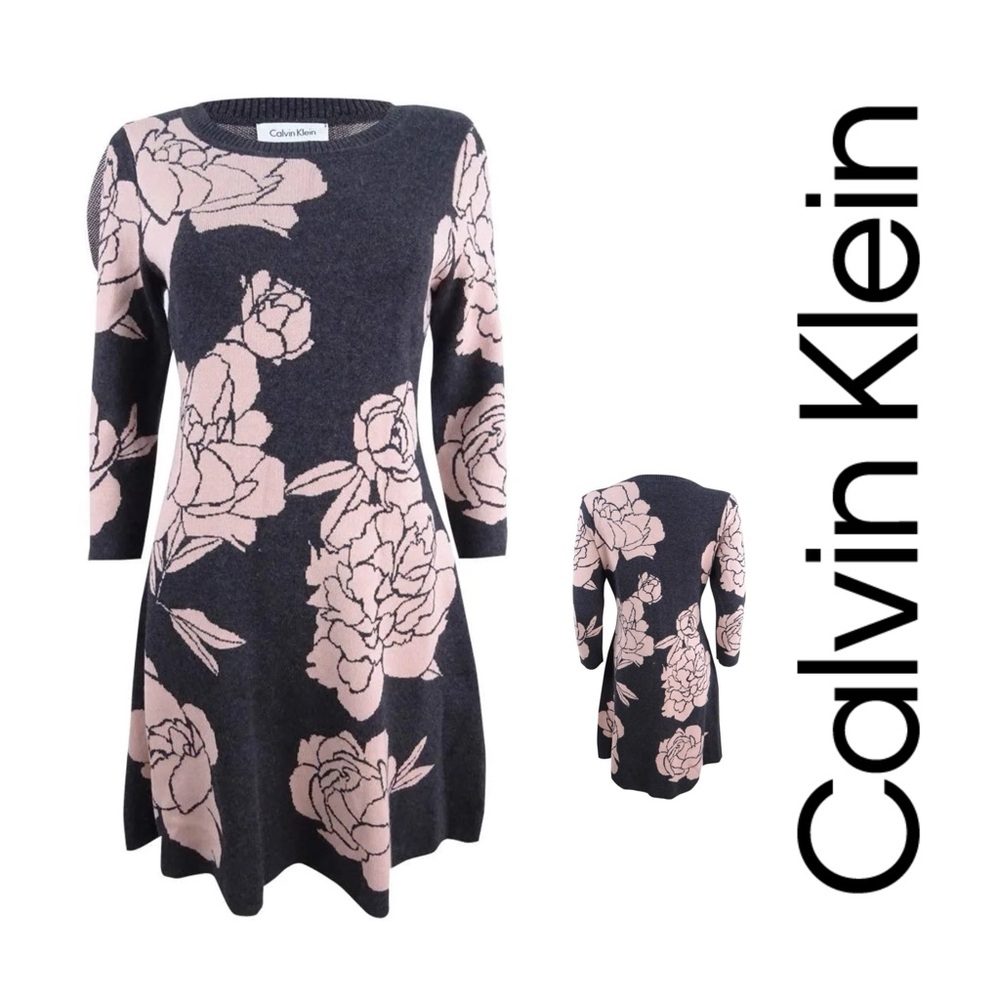 Calvin Klein Black Dress‎ with Pink Floral Pattern - Sweater Dress Size L - 339